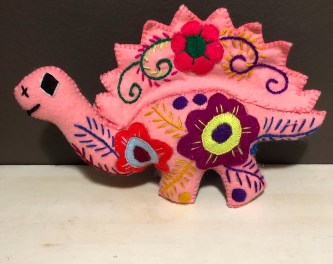 Hand Sewn Stuffed Animal Stegosaurus Dinosaur Plush Toy with Colorful Embroidery