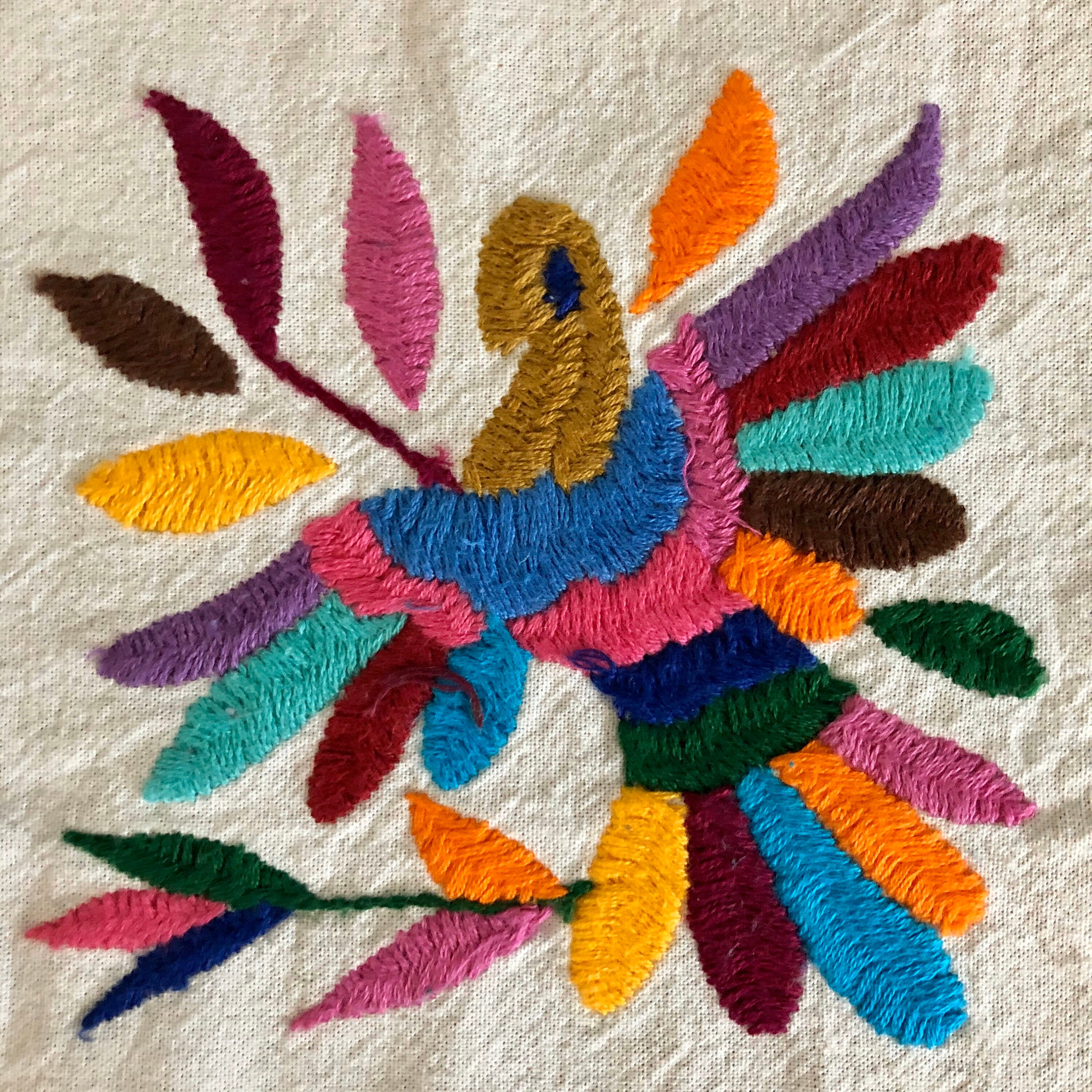 Otomi hand embroidered muslin coaster/cocktail napkin/frameable art with Bird approx. 6” x 6”