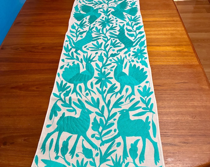 Otomi Hand Embroidered Table Runner /Bed Scarf /  Frame-able Art with Turquoise Embroidery (approx. 74" x 17")