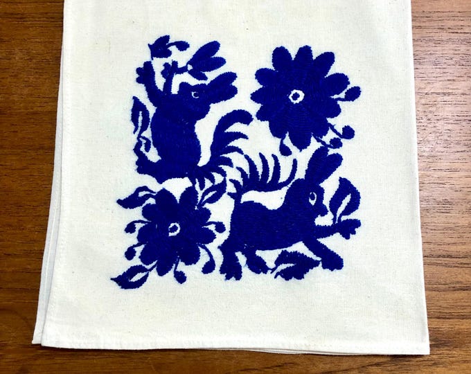 Otomi hand embroidered approx. 17” x 17" muslin napkin - with blue spirit animals