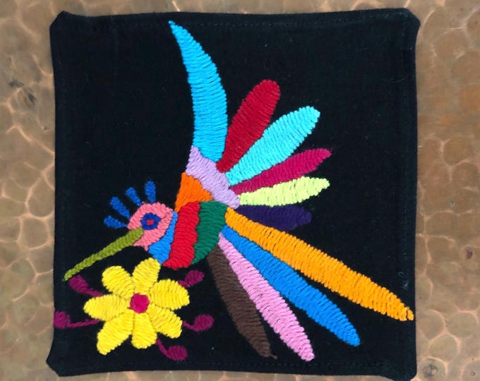 Otomi hand embroidered muslin coaster/cocktail napkin/frame-able art with multicolor bird design approx.  (4.5” x 4.5”)