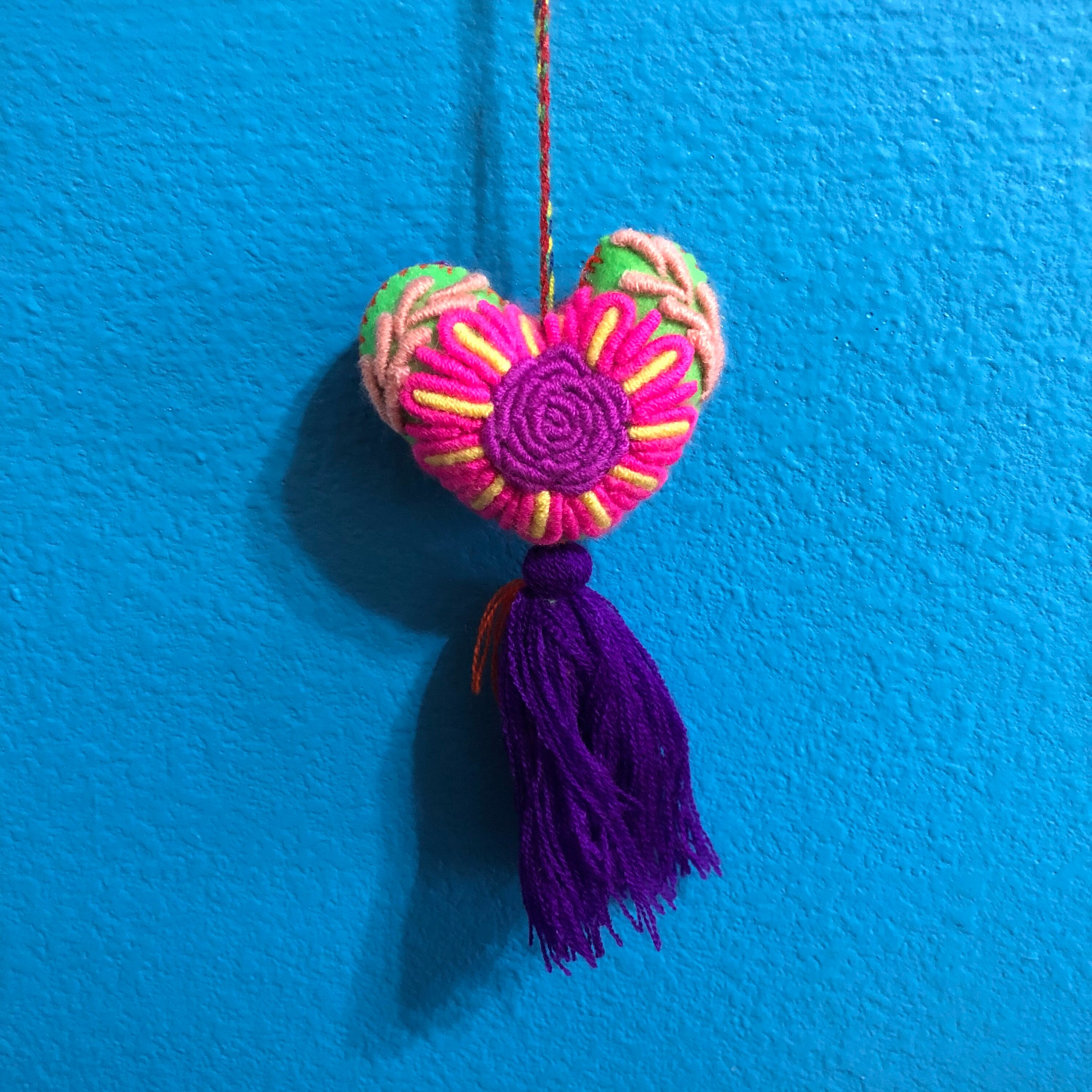 Hand Sewn Wool Felt Hanging Heart Ornament with Cotton Embroidery