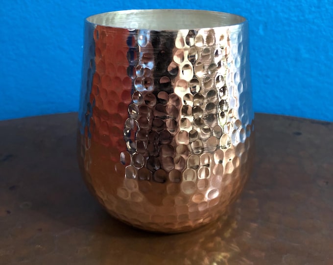 Hammered copper stemless wine glass