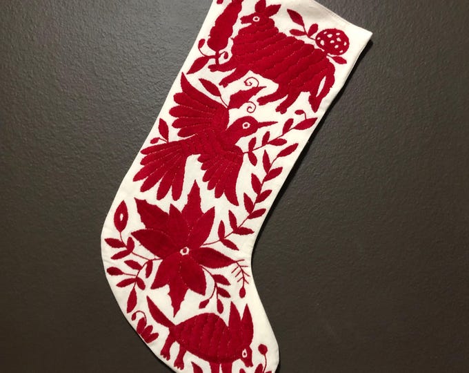 Hand Embroidered Otomi Christmas Stocking: Red Embroidery, Mexican Folk Art