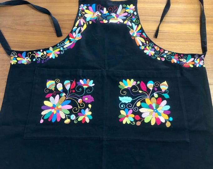 Hand Embroidered Otomí Adult Bib Apron from Hidalgo, Mexico - Black