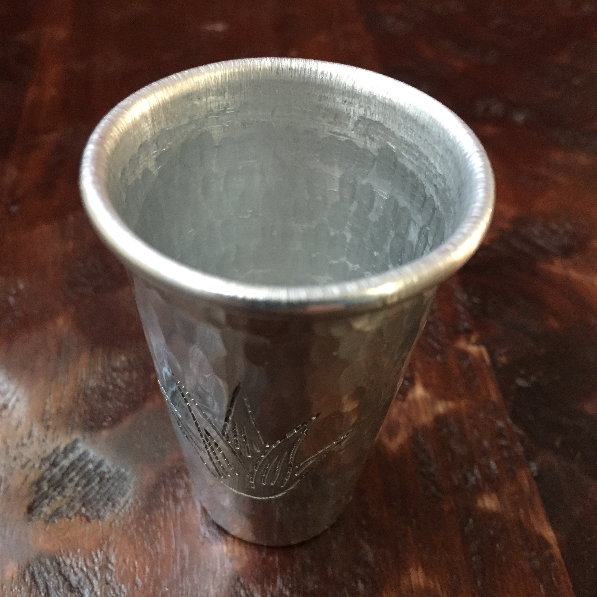 Handcrafted 2oz hammered aluminum shot glass with Agave plant engraving