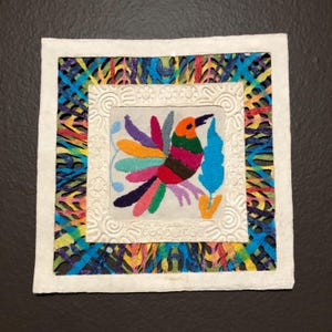 Handmade Amate Paper Wall Art with Otomi Embroidery from Mexico (8.75” x 8.75”)