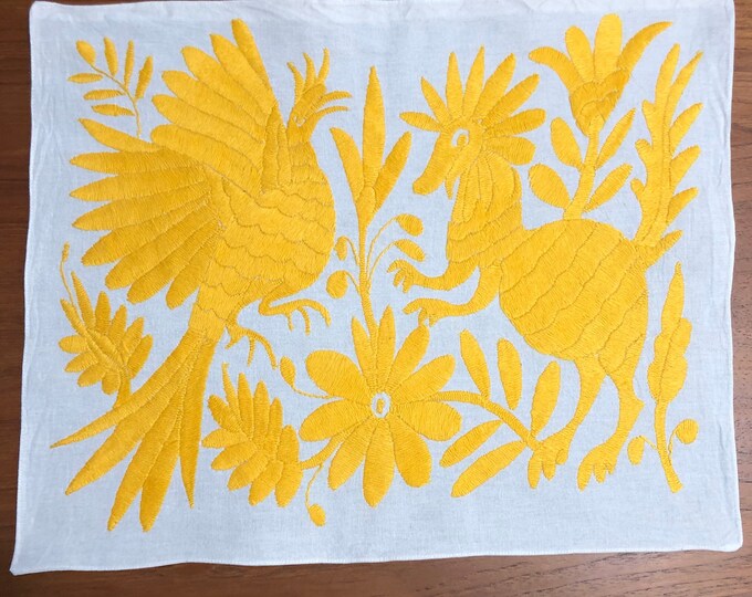 Hand embroidered Otomí placemat /frame-able art with yellow embroidery (approx. 17" x 13”)