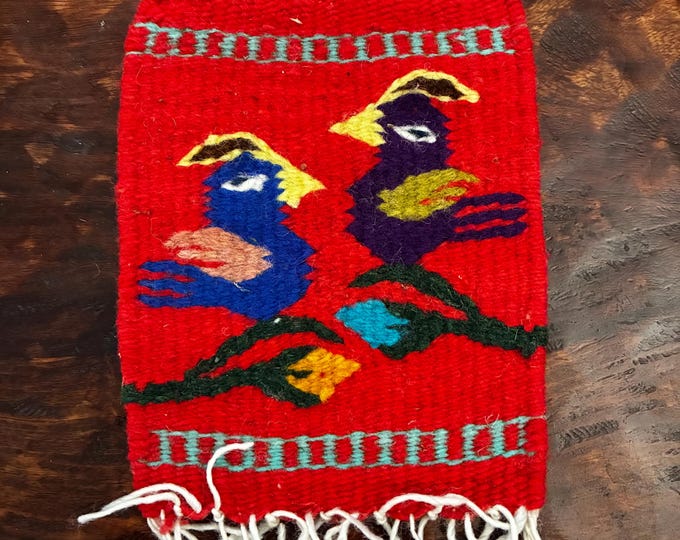 Zapotec hand woven merino wool coaster with bird design (5.5” x 6”)