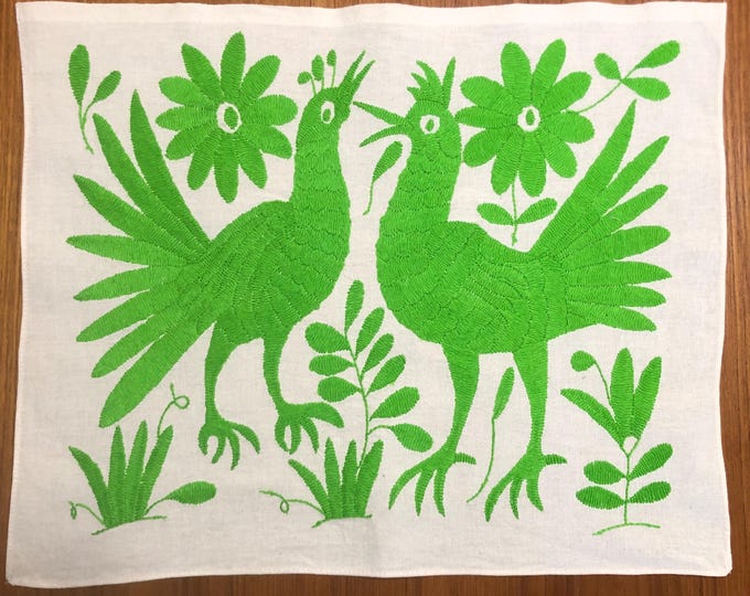 Hand Embroidered Otomi Placemat: Mexican Folk Art (17" x 13") - Lime Green