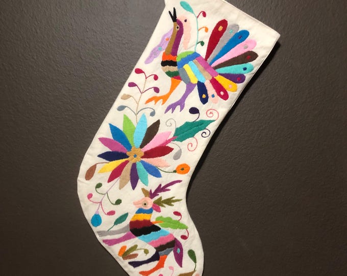 Hand Embroidered Otomi Christmas Stocking: Multicolor Embroidery Animals and Flowers