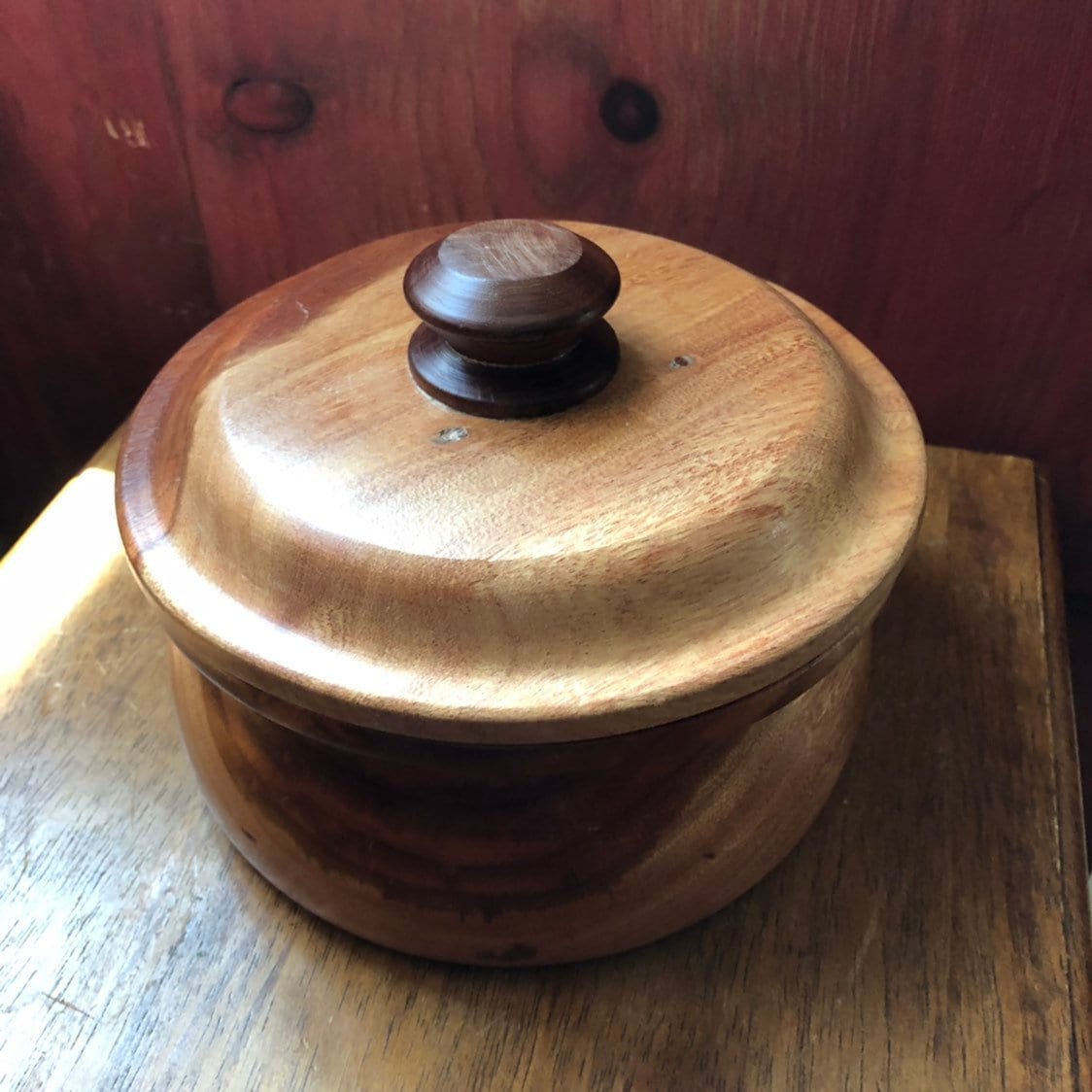 Hand carved wood serving bowl with lid made of Guamuchil wood from Mexico