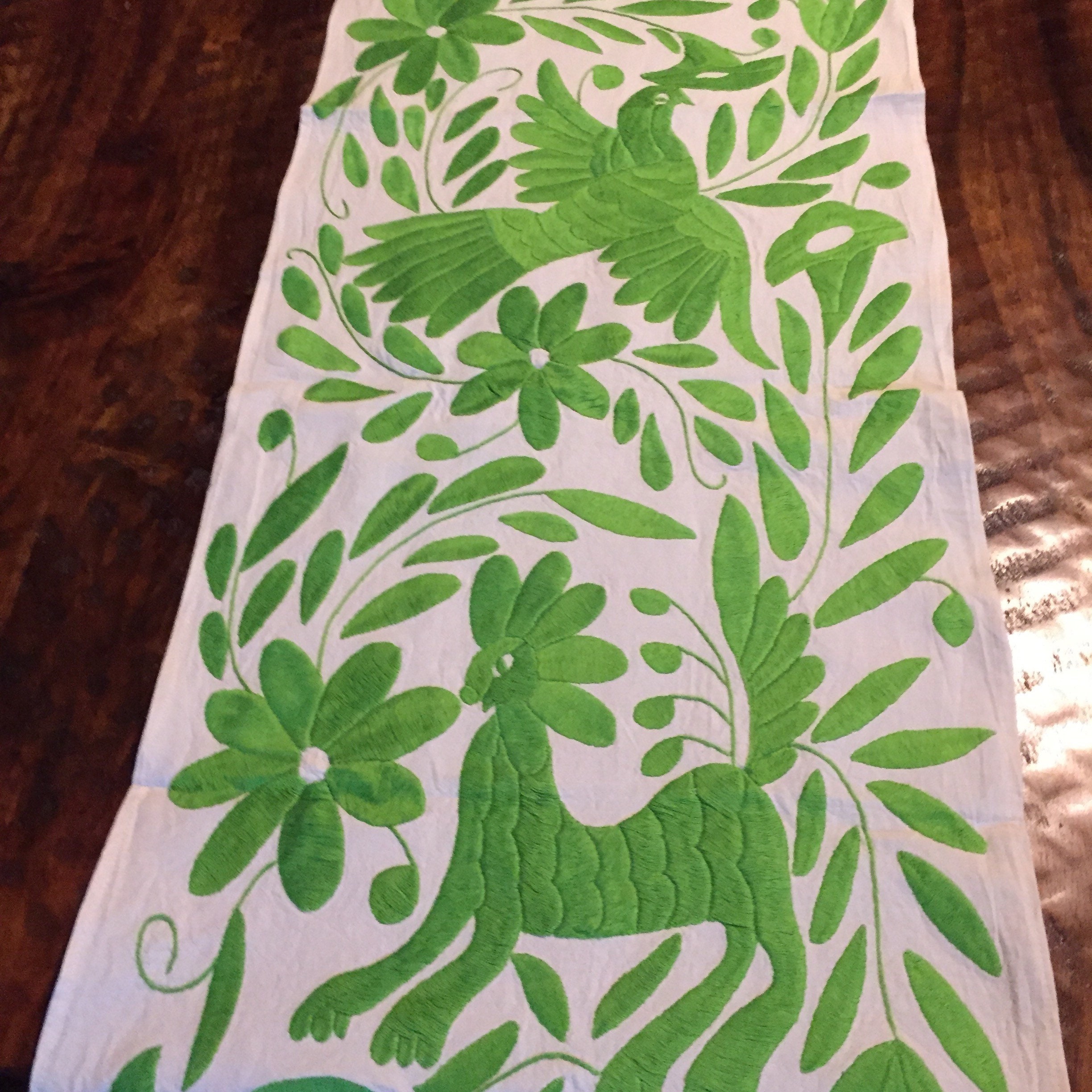Otomi Hand Embroidered Table Runner lime green
