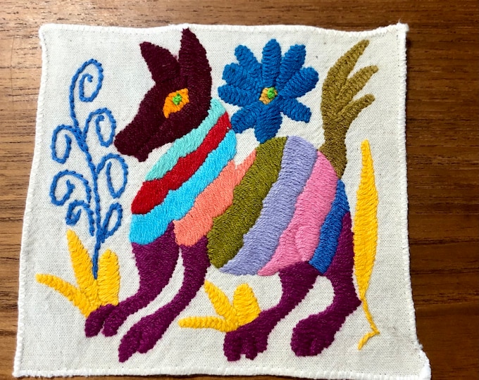 Otomi hand embroidered muslin coaster/cocktail napkin/frame-able art with multicolor spirit animal and flower design approx.  (5” x 5”)