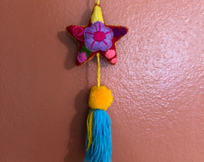 Hand Sewn Wool Felt Hanging Star Ornament with Cotton Embroidery