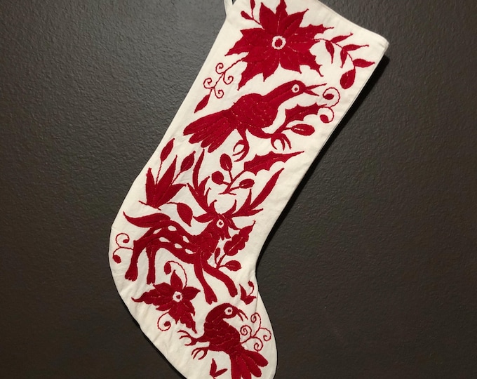 Hand Embroidered Otomi Christmas Stocking: Red Embroidery, Mexican Folk Art