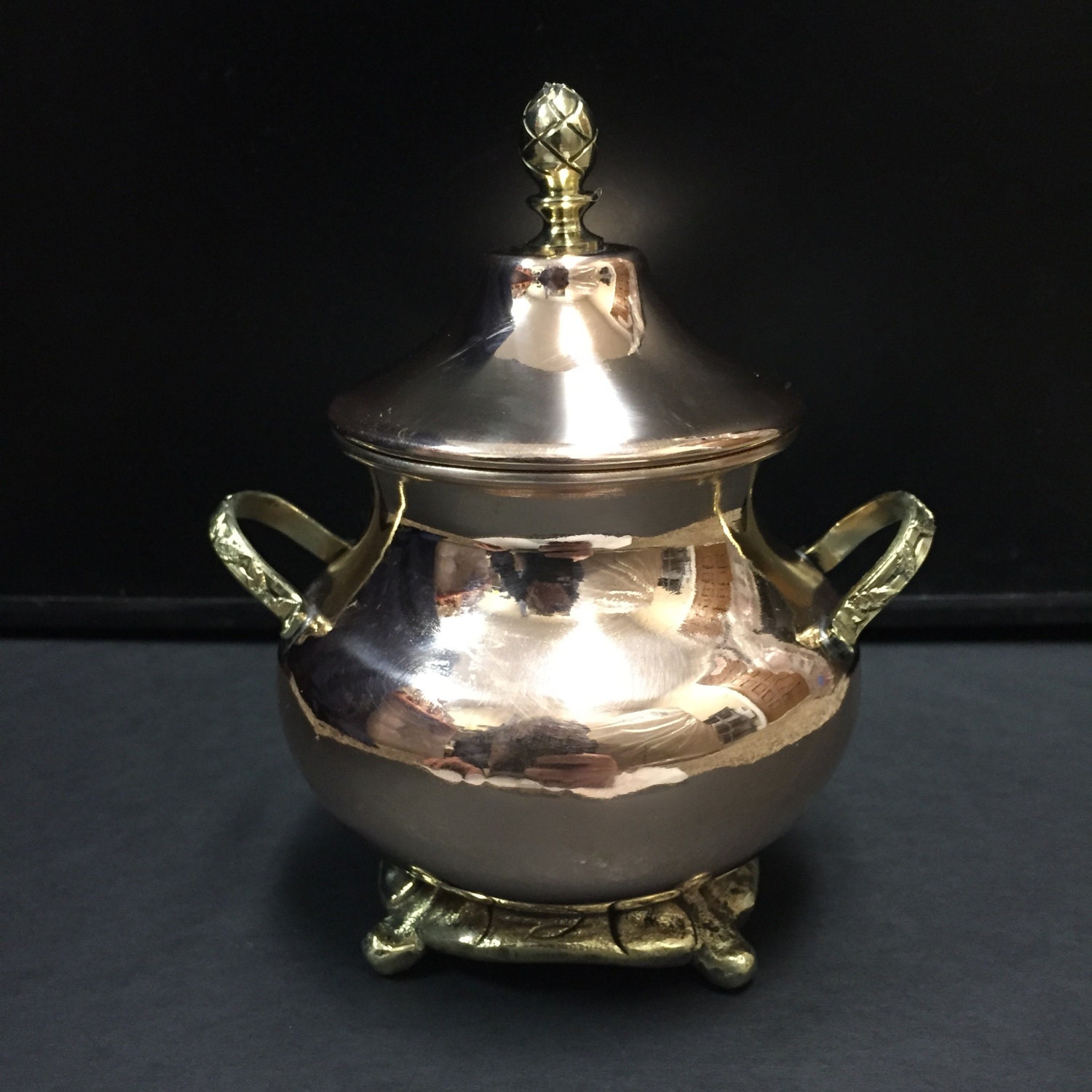 Decorative Copper Jar for Sugar, Coffee, or Tea w/ Brass Handles