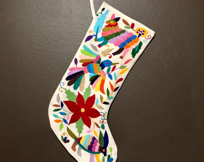 Hand Embroidered Otomi Large Christmas Stocking with Multicolor Embroidery from Hidalgo, Mexico (Off-White Cotton)