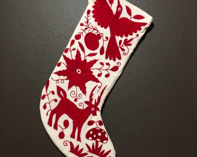 Hand Embroidered Otomi Christmas Stocking: Red Embroidery, Mexican Folk Art