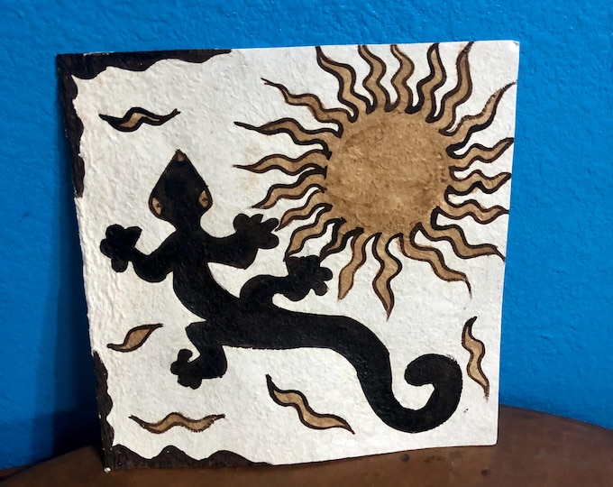 Handmade Amate Paper Wall Art with Lizard and Sun from Mexico