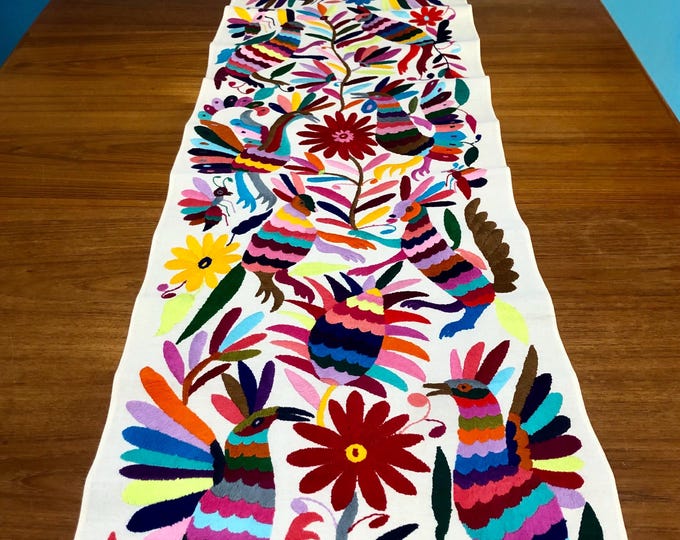 Hand Embroidered Otomi Table Runner: Mexican Folk Art Bed Scarf (74” x 17”)