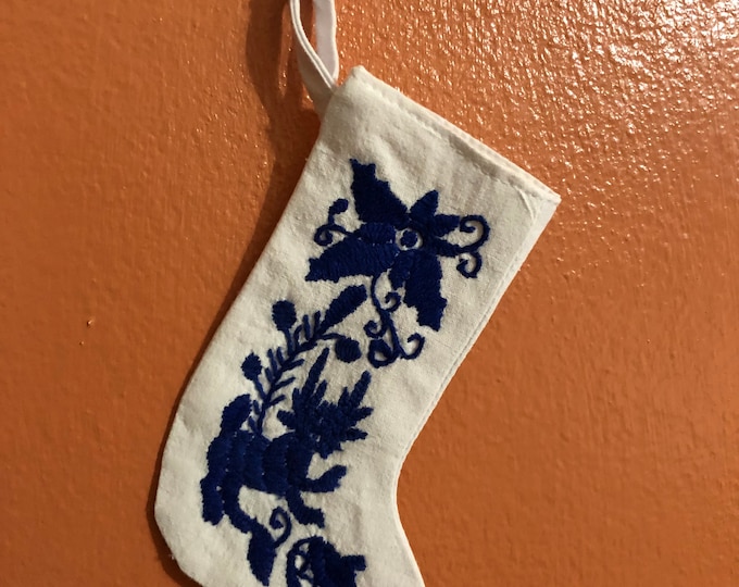 Hand embroidered Otomi Mini Stocking with Blue Embroidery from Hidalgo, Mexico.