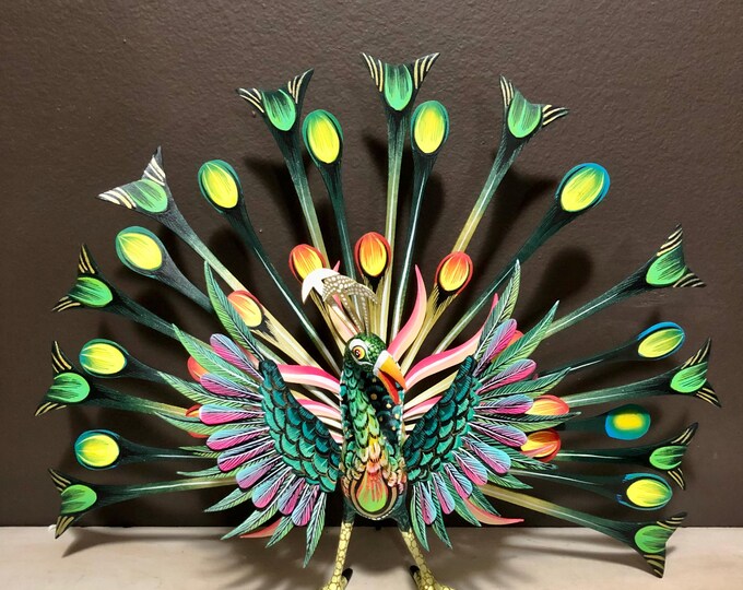 Alebrije Large Peacock Handcrafted Wood Carving by Esperanza Martinez from Oaxaca, Mexico.