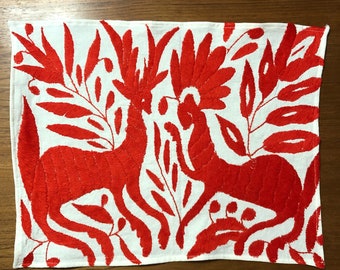 Hand Embroidered Otomi Placemat: Crimson Red Mexican Folk Art