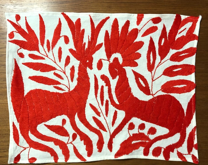 Hand embroidered Otomí placemat /frame-able art with crimson red embroidery (approx. 16.5" x 13”)