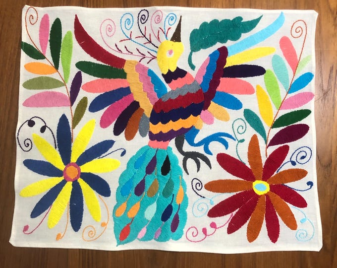 Hand Embroidered Otomi Placemat: Mexican Folk Art (17" x 13") - Multicolor Embroidery
