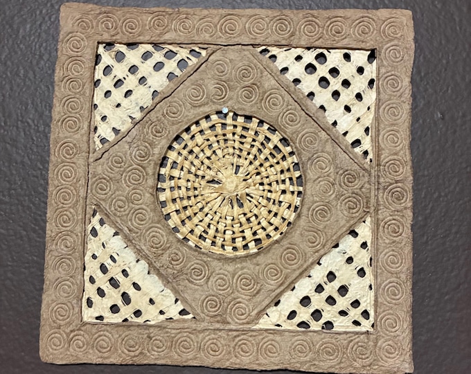 Handmade 8” x 8” Amate Bark Paper Wall Art: Braided Detail, Natural Tones