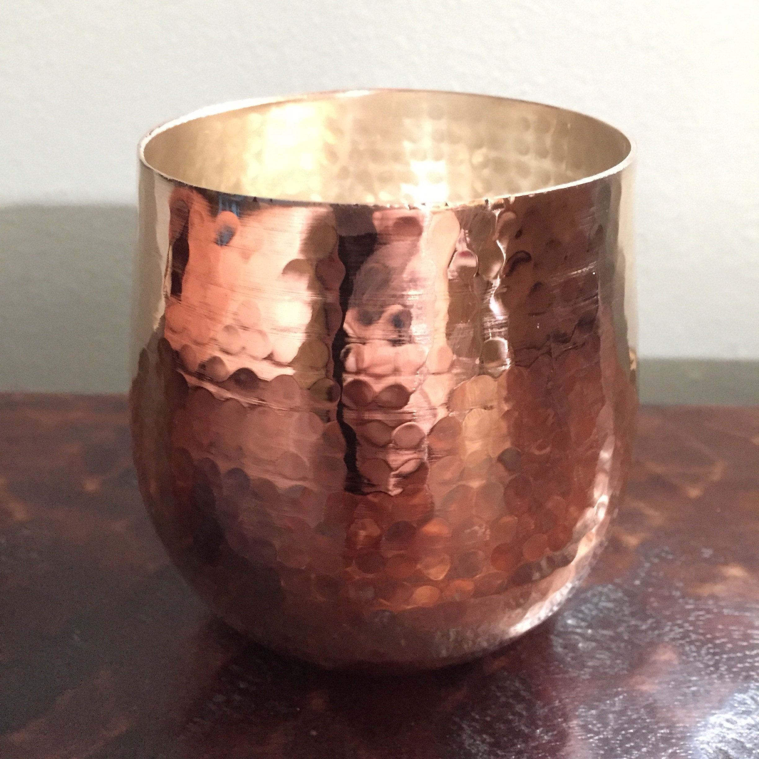 Hammered copper stemless wine glass