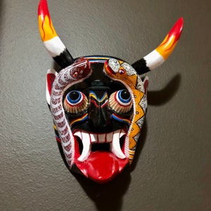 Medium Size Mexican Decorative Indigenous Diablo Devil Hand Carved Wood Wall Mask