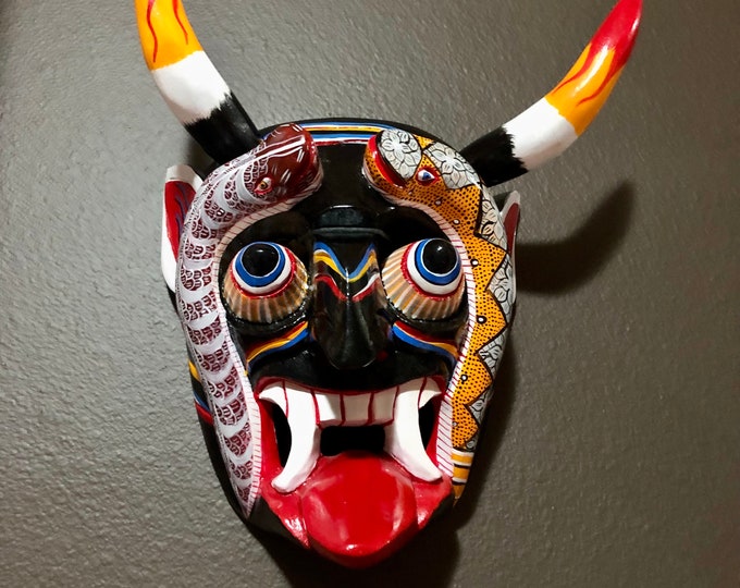 Medium Size Mexican Decorative Indigenous Diablo Devil Hand Carved Wood Wall Mask