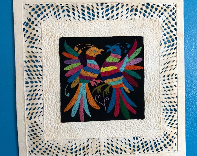 Amate Bark Paper Wall Art with woven border and hand embroidered Otomi bird design (15 3/4” x 15 3/4”)