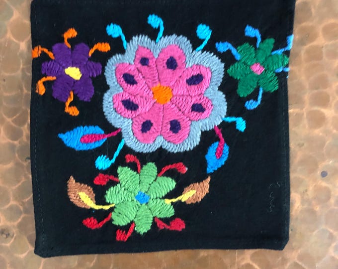 Otomi hand embroidered muslin coaster/cocktail napkin/frame-able art with multicolor flower design approx.  (4.5” x 4.5”)