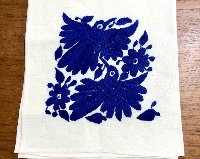 Otomi hand embroidered approx. 17” x 17" muslin napkin - with blue birds