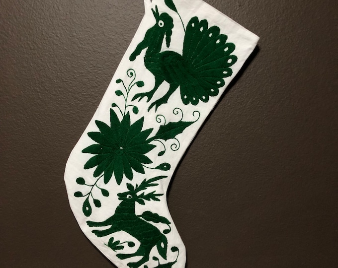 Hand Embroidered Otomi Large Christmas Stocking with Green Embroidery from Hidalgo, Mexico (Bright White Cotton)
