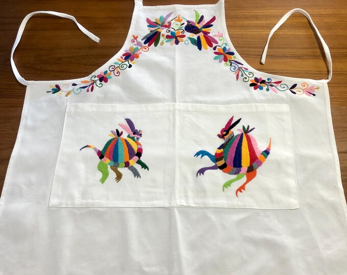 Hand Embroidered Otomí Adult Bib Apron from Hidalgo, Mexico - White
