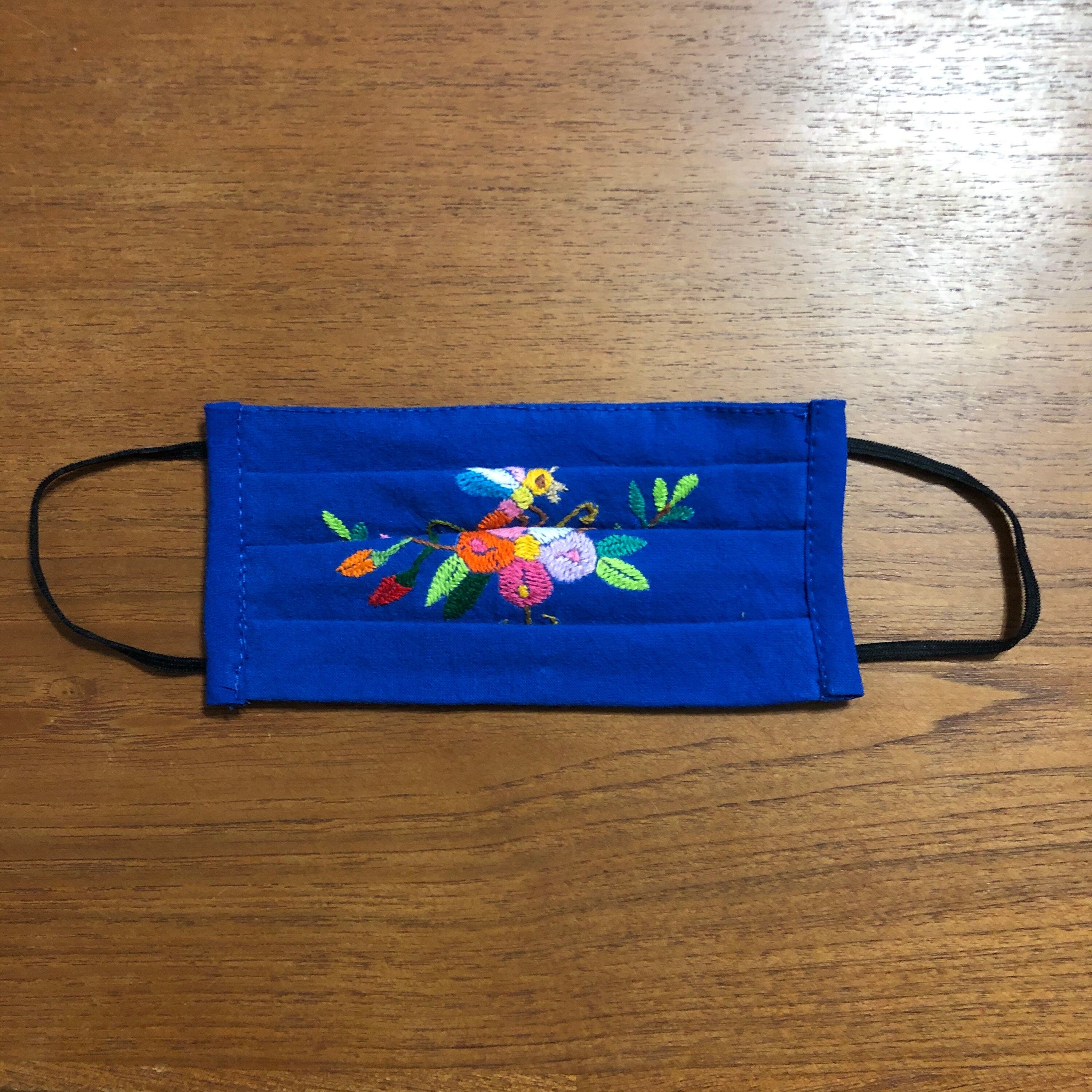 Handmade Muslin Cotton Face Mask with Otomi Embroidery Flowers and Bee Design Blue