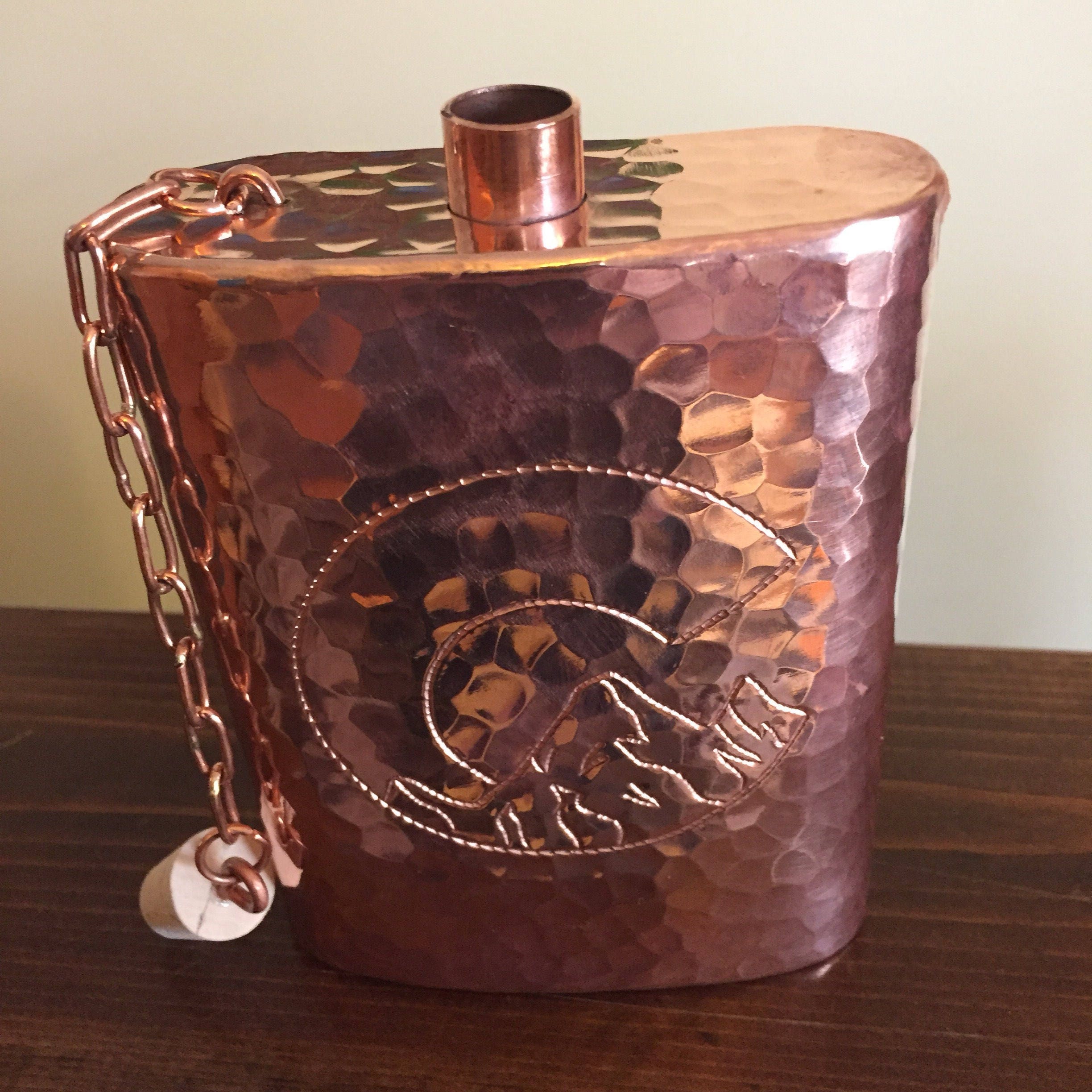 Handcrafted pure hammered copper 12 oz flask w/ Colorado mountain engraving