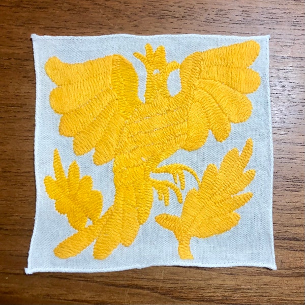 Otomi hand embroidered muslin coaster / cocktail napkin / frame-able art with yellow bird.