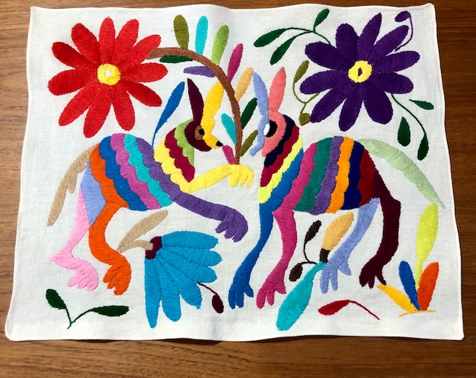 Hand embroidered Otomí placemat /frame-able art with multicolor embroidery (approx. 17" x 13”)