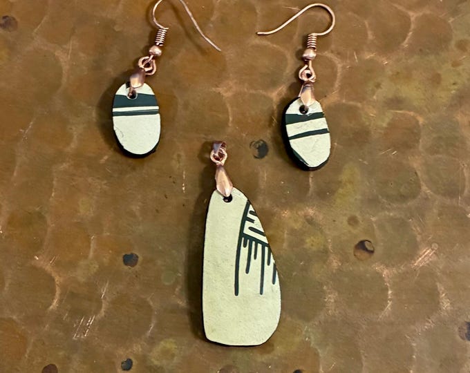 Pendant and Earrings - Mata Ortiz pottery shards set in 100% pure copper by Savador Barrera