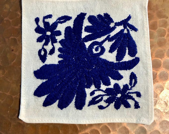 Otomi Hand Embroidered Coaster: Blue Bird & Flowers