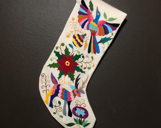 Hand Embroidered Otomi Christmas Stocking: Multicolor Embroidery Animals and Flowers
