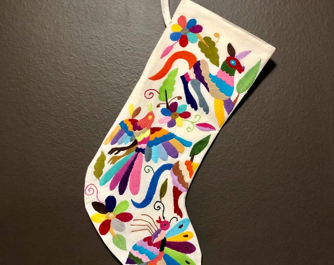 Hand Embroidered Otomi Large Christmas Stocking with Multicolor Embroidery from Hidalgo, Mexico (Off-White Cotton)