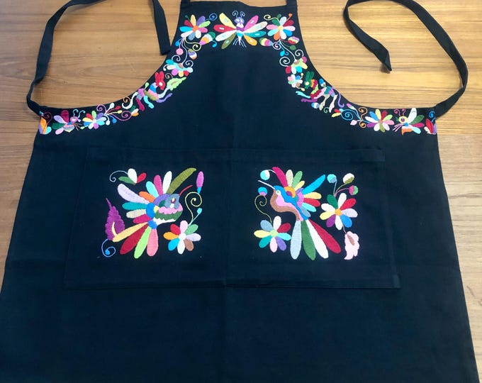 Hand Embroidered Otomí Adult Bib Apron from Hidalgo, Mexico - Black