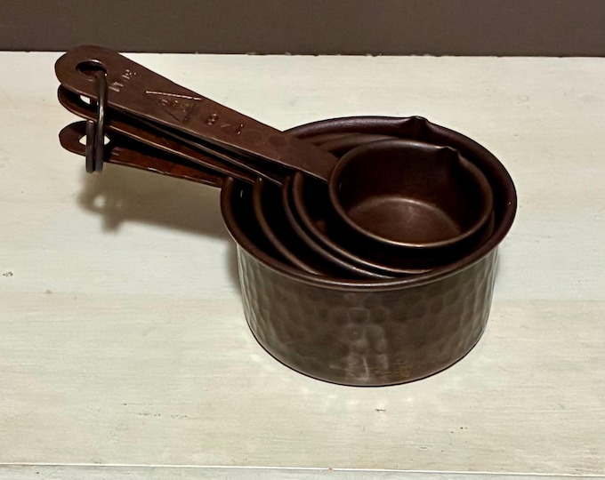 Handcrafted Hammered Copper 5-Piece Measuring Cup Set with Hand Engraved Measurements - Brown Patina