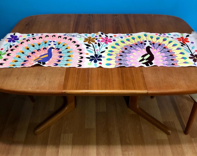 Hand Embroidered Table Runner - Orange Base with Multicolored Peacocks and Flowers